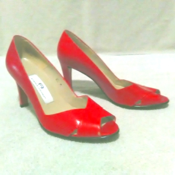 Etienne Aigner Shoes - Etienne Aigner Red Leather Peep Toe Heels 6 1/2